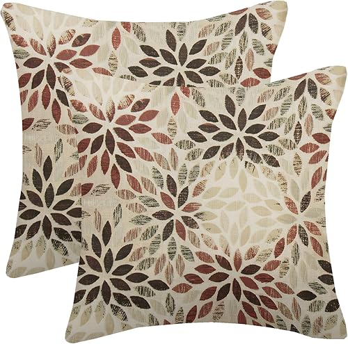 Fundas de almohada decorativas 18x18 pulgadas de color rojo burdeos y marrón set de 2, geométricas de verano con flores, para exteriores, fundas de