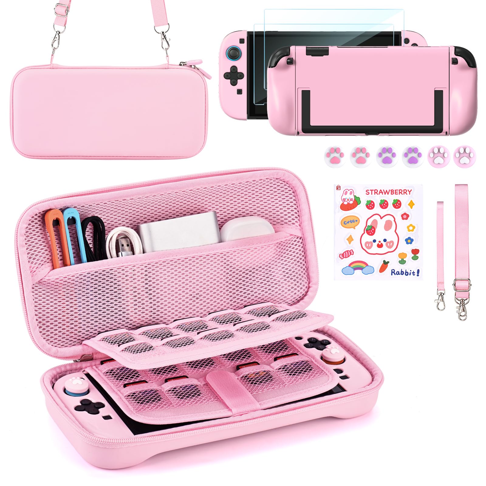 Younik Switch 2 Accessories Bundle, 15 in 1 Pink Switch 2 Accessories Kit for Girls Include Carrying Case, Shoulder Strap, Wrist Strap & Stickers, Protective Case for Switch Console & J-Con