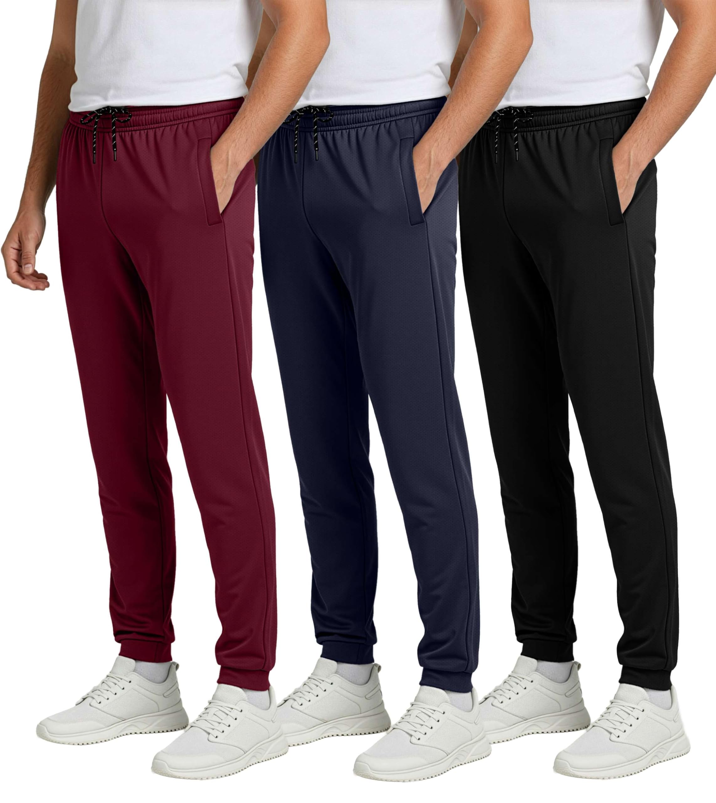 Real Essentials 3 Pack: Men's Tech Mesh Active Athletic Casual Jogger Sweatpants with Pockets(Available in Big & Tall)