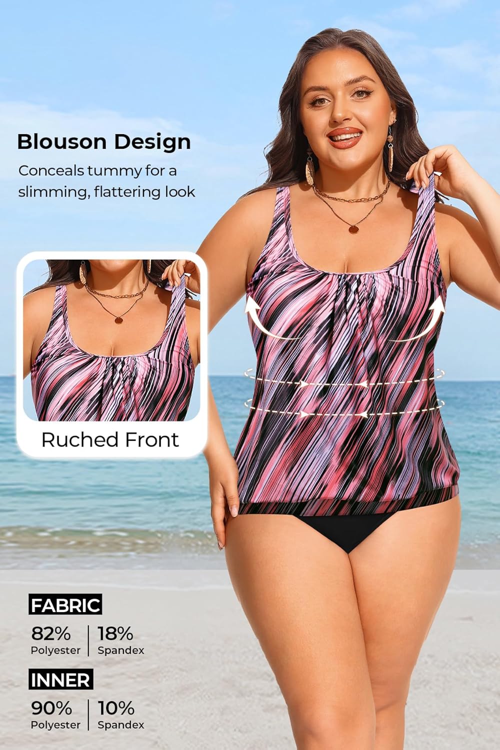 Yonique Plus Size Two Piece Swimsuit for Women Blouson Tankini Tummy Control Bathing Suit - Image 5