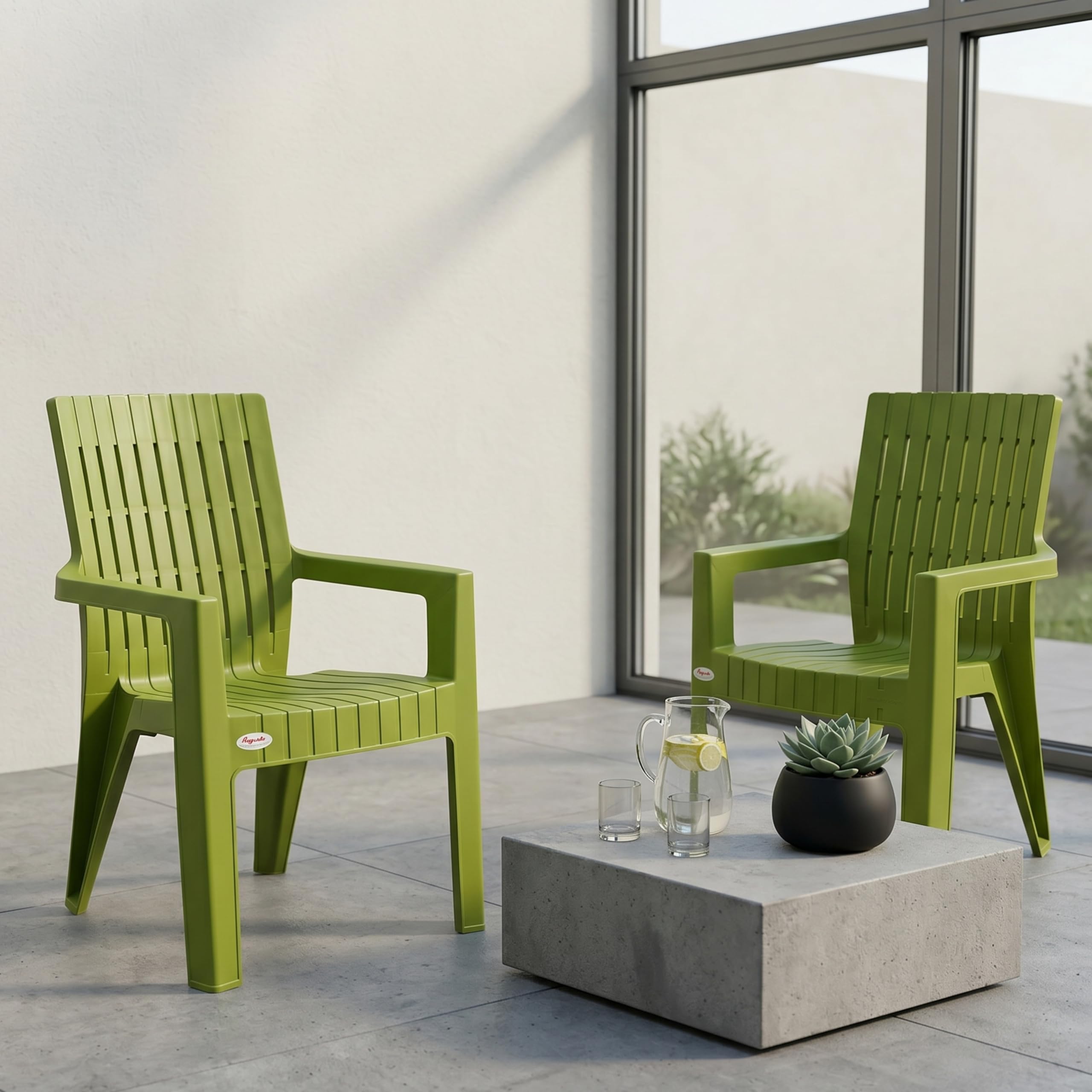 Oaknest Supreme Olympia High-Back Plastic Armchair | Ergonomical Slatted Design | Weather Resistant PP for Indoor and Outdoor Use | 150 Kg Load Capacity | Mehandi Green - Set of 2-image-10