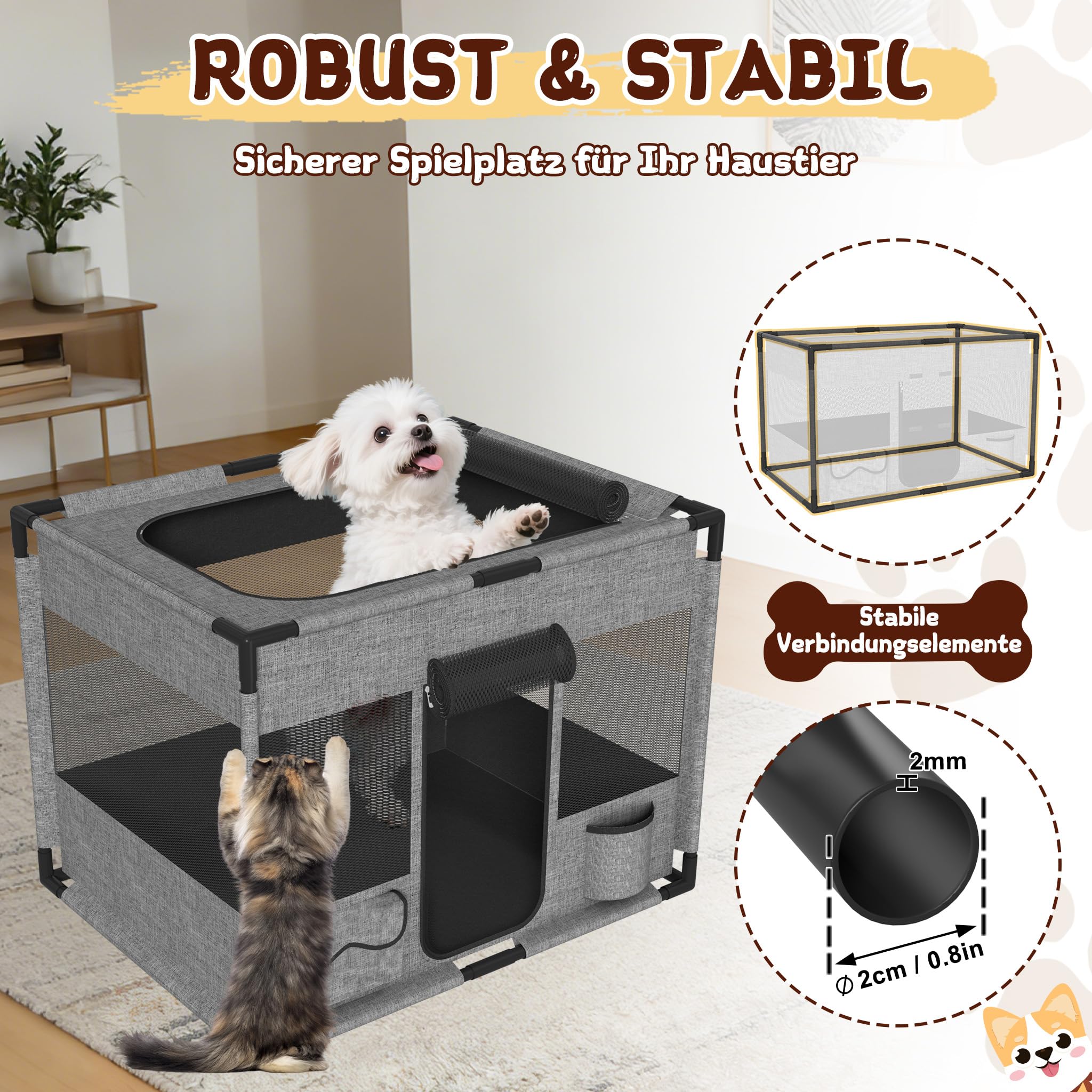 Welpenauslauf für Hunde & Katzen, 600D Oxford-Gewebe, atmungsaktive Netzfenster, PVC-Rahmen, stabil & faltbar, Indoor & Outdoor, Quadratisch, Grau, M, 85 × 65 × 65 cm