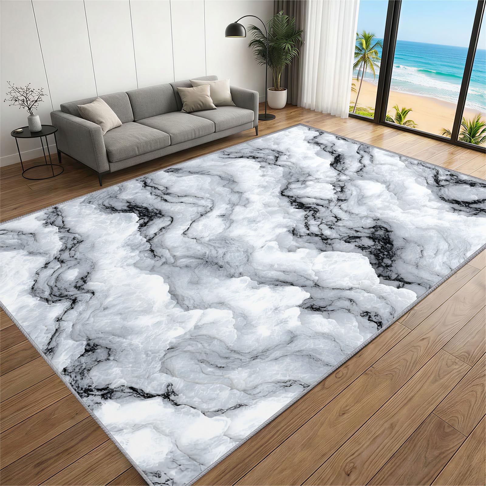 BEQUTIY Modern Grey and White Marble Area Rug 180 x 270 cm,for Living Room, Nordic Abstract Smoke Pattern Carpet, Luxury Marble Rugs Non-slip Washable Soft Rug for Bedroom, Lounge, Dining Room — image 1