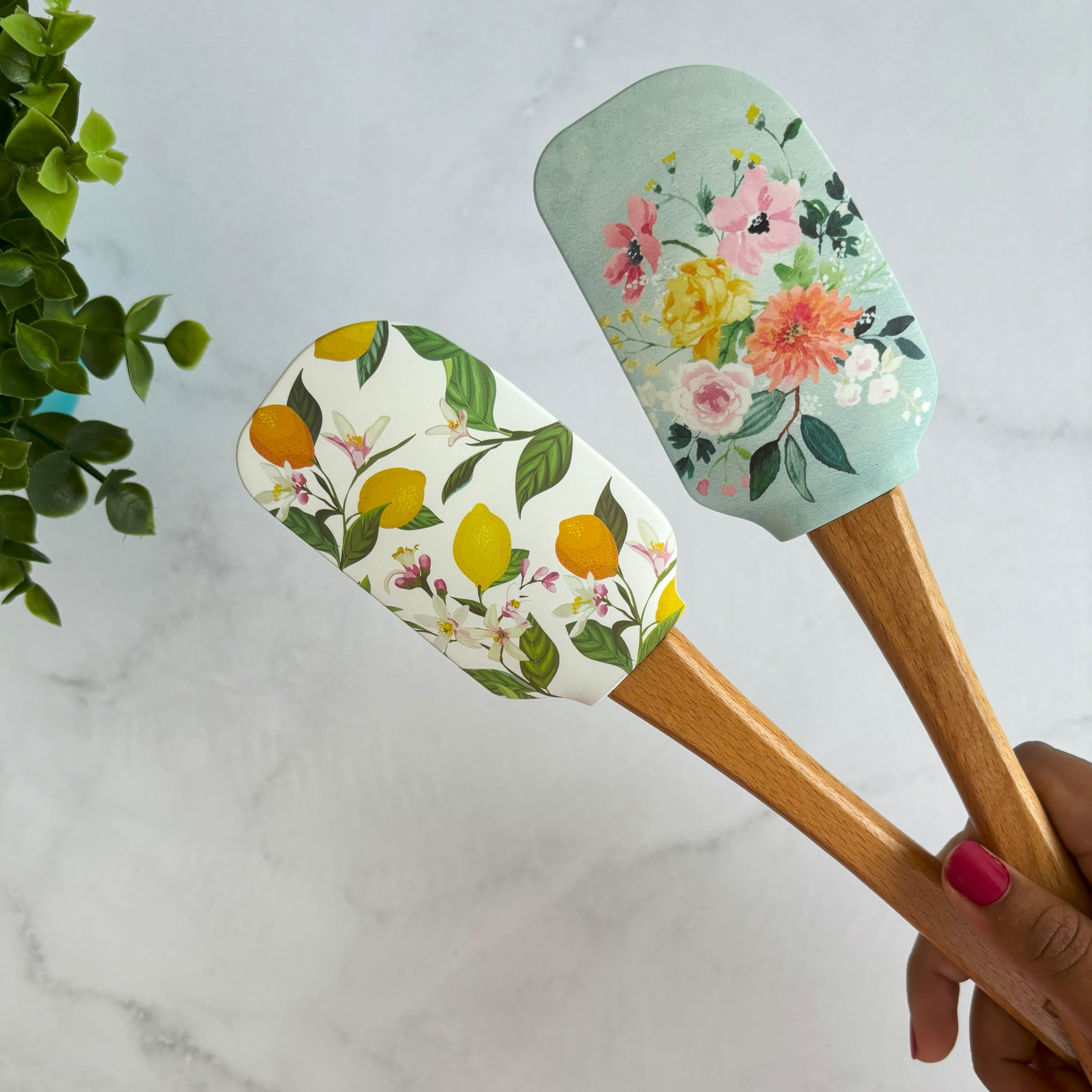 FiABLE Premium Silicone Designer Printed Baking Spatulas with Flat Wooden Handle|Food Grade BPA Free Silicone| Spatula for Cake| Baking spatulas| Non Stick Spatula-Set of 2 Printed Fruits&Flowers