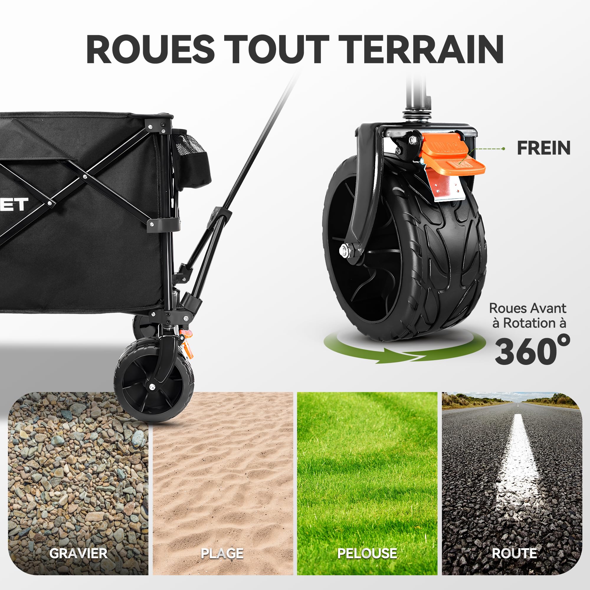 TECKNET Chariot de transport pliable avec freins - 180 l - 150 kg - Charge maximale : 150 kg - Pour la plage, le camping, le camping, les festivals - Noir