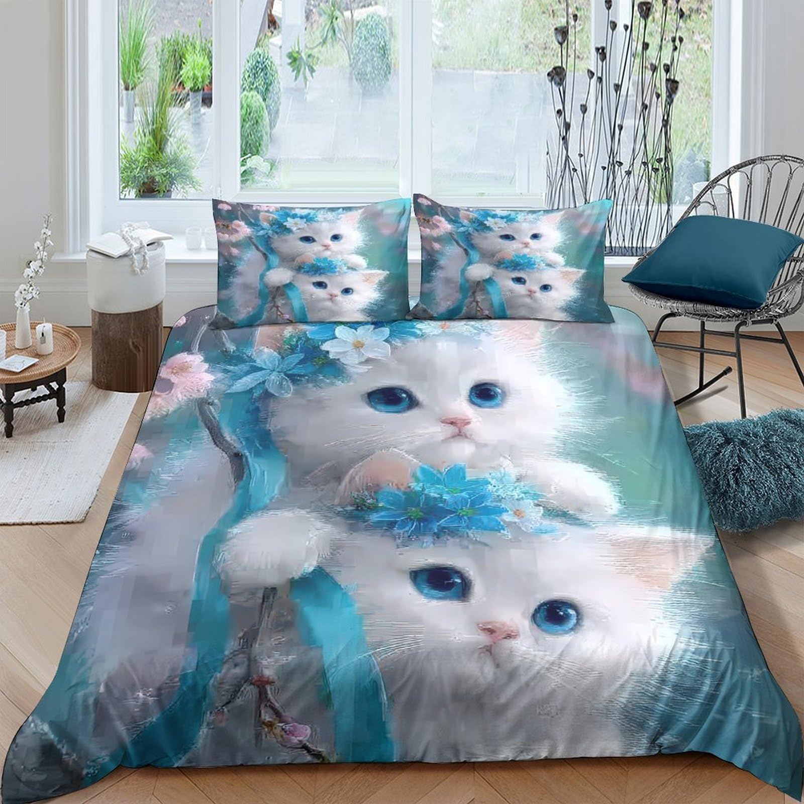 Ctjqhvkz Style-9 3D Printed White Kitten Fitted Sheet Microfiber Soft Anti-Slip Blue Flower Bed Cover For Bedroom Guestroom Dorm Decor Single（135X200cm）