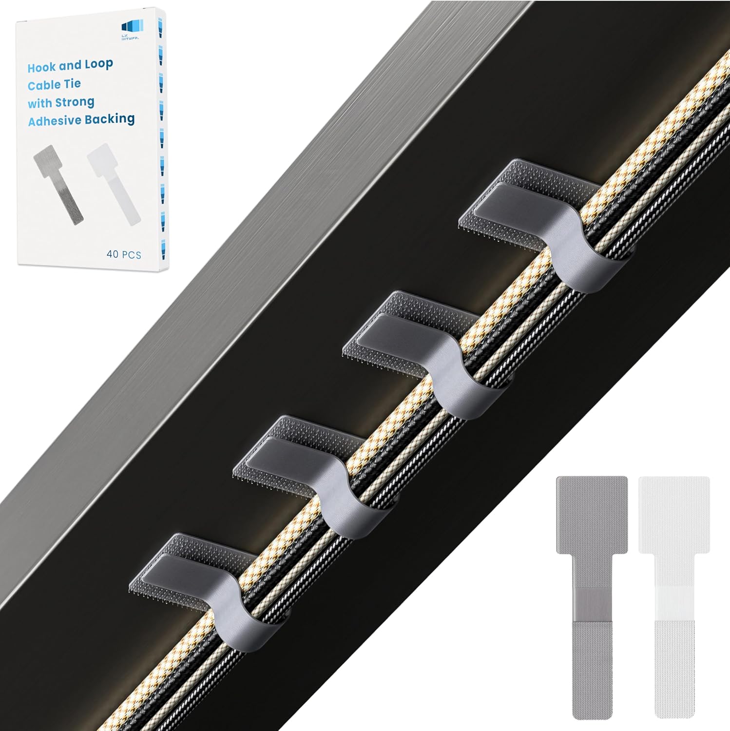 Hook and Loop Cable Ties, Self Adhesive Hook and Loop Cable Straps, Sticky-back Cord Organizer, Cable Clip, Household & Office Essentials, 40Pcs per Pack