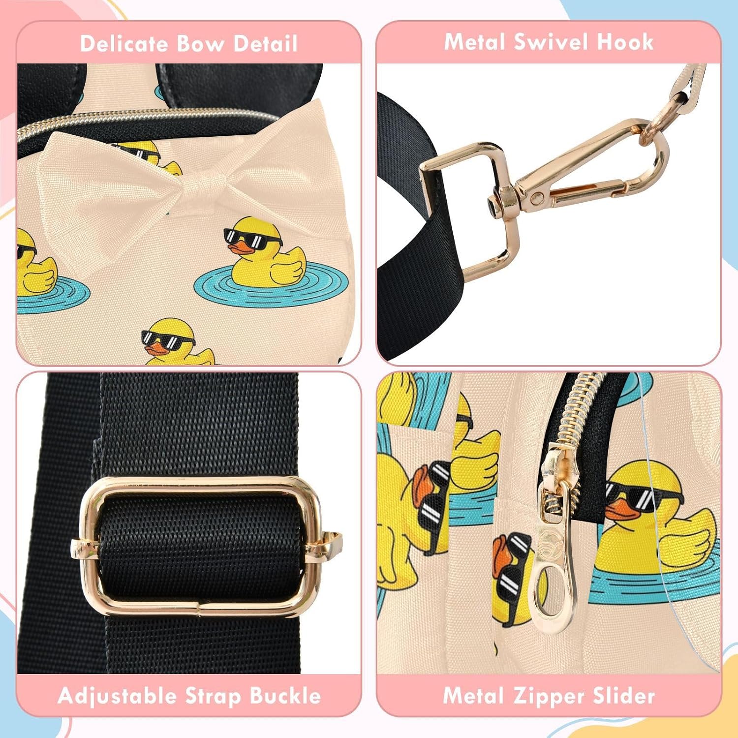 Rubber Duck Kids Sling Bag for Girls, 3.1x7.5x5.7 In | Crossbody Fanny Pack, Toddler Purse, Cute Sling Belt Bag with Ears, 2L Small Shoulder Chest Bag for Travel