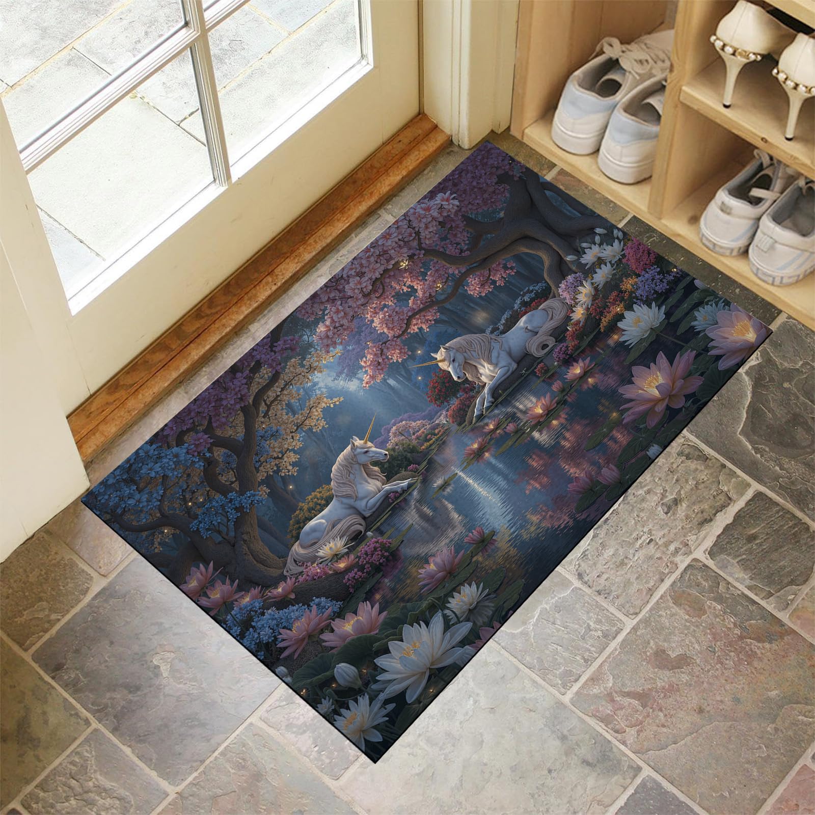 Tapis scène de forêt mystérieuse rose pour une entrée intérieure chaleureuse