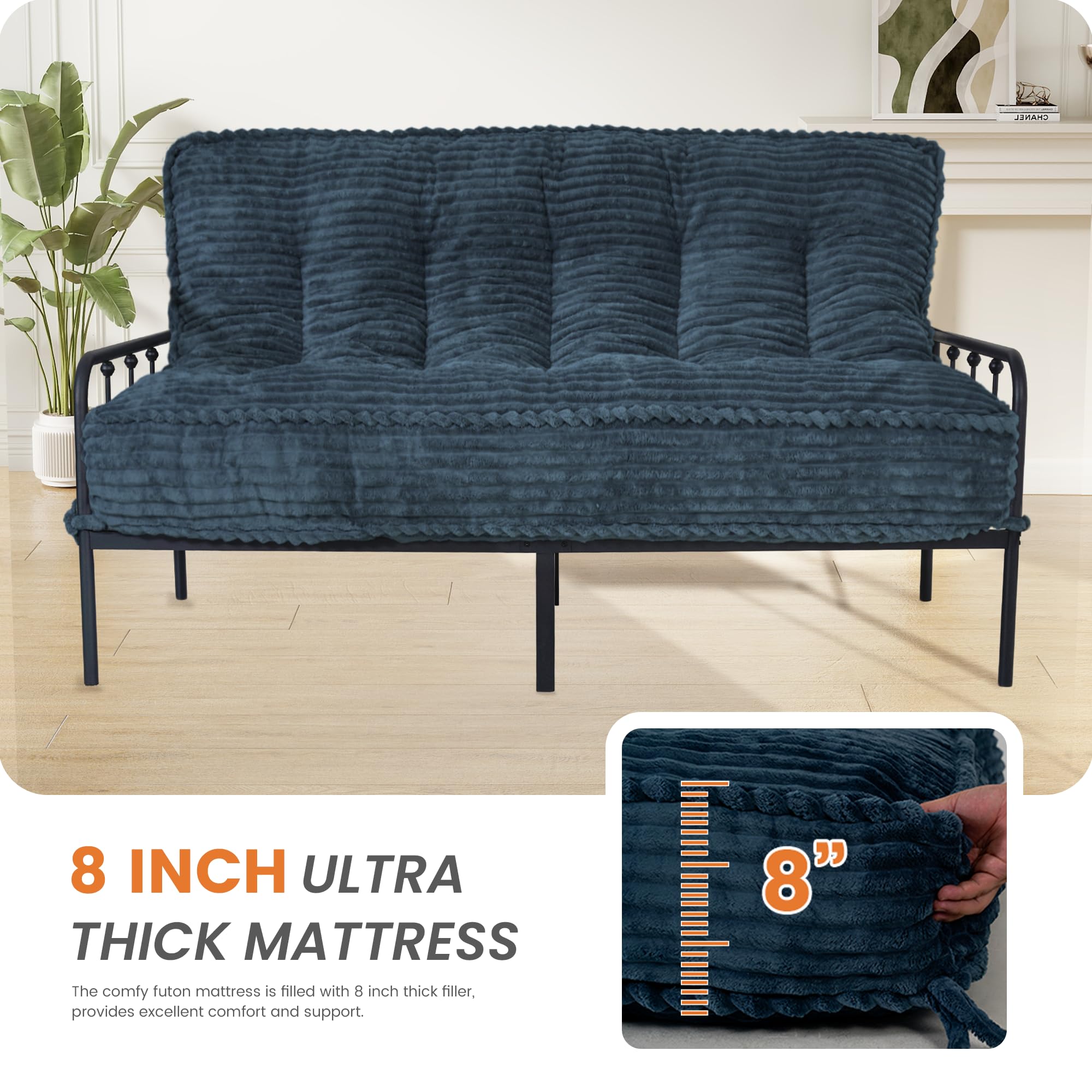 8” Futon Mattress Full Size 54” x 80”, Futon Sofa Couch Bed with Twisted Rope Design Edging, Extra Thick Corded Floor Futon Mattress Sleeping Mat for Adults, Camping, Dorm, Blue(Frame Not Included)