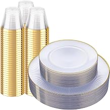 Hioasis 260pcs Clear Gold Plastic Plates - Gold Disposable Dinnerware Set, 30pcs Dinner 10in & 30pcs dessert 7in plates & 200pcs cups with striped designs for party & wedding