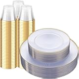 Hioasis 260pcs Clear Gold Plastic Plates - Gold Disposable Dinnerware Set, 30pcs Dinner 10.25in & 30pcs dessert 7.5in plates & 200pcs cups with striped designs for party & wedding
