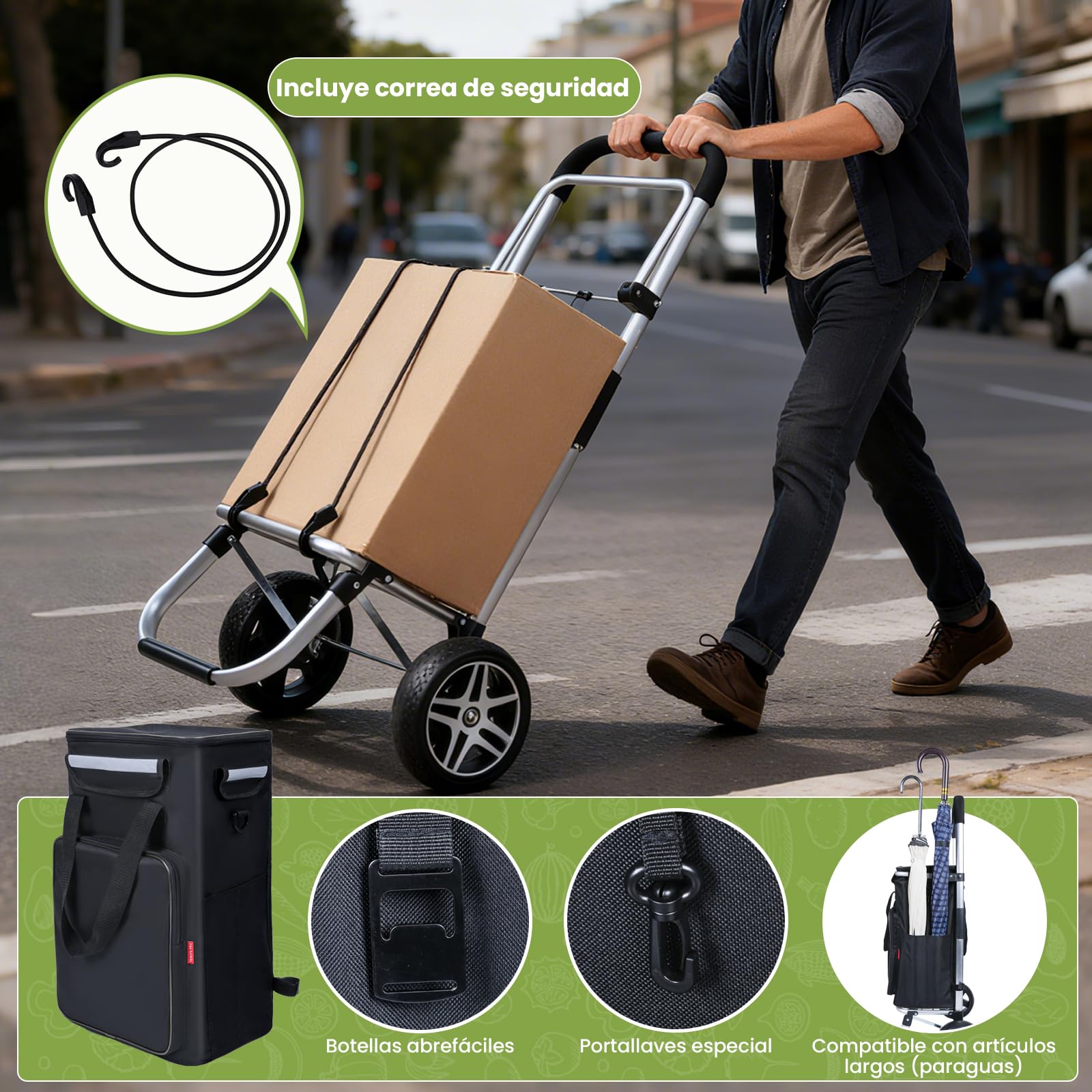 YEAUPE PRO Carro de la Compra, MAX 50L de Capacidad - Carrito de 2 Ruedas, 3 en 1 con Bolsa Térmica Desmontable - para Compra Semanal, Picnic o Viaje - Negro