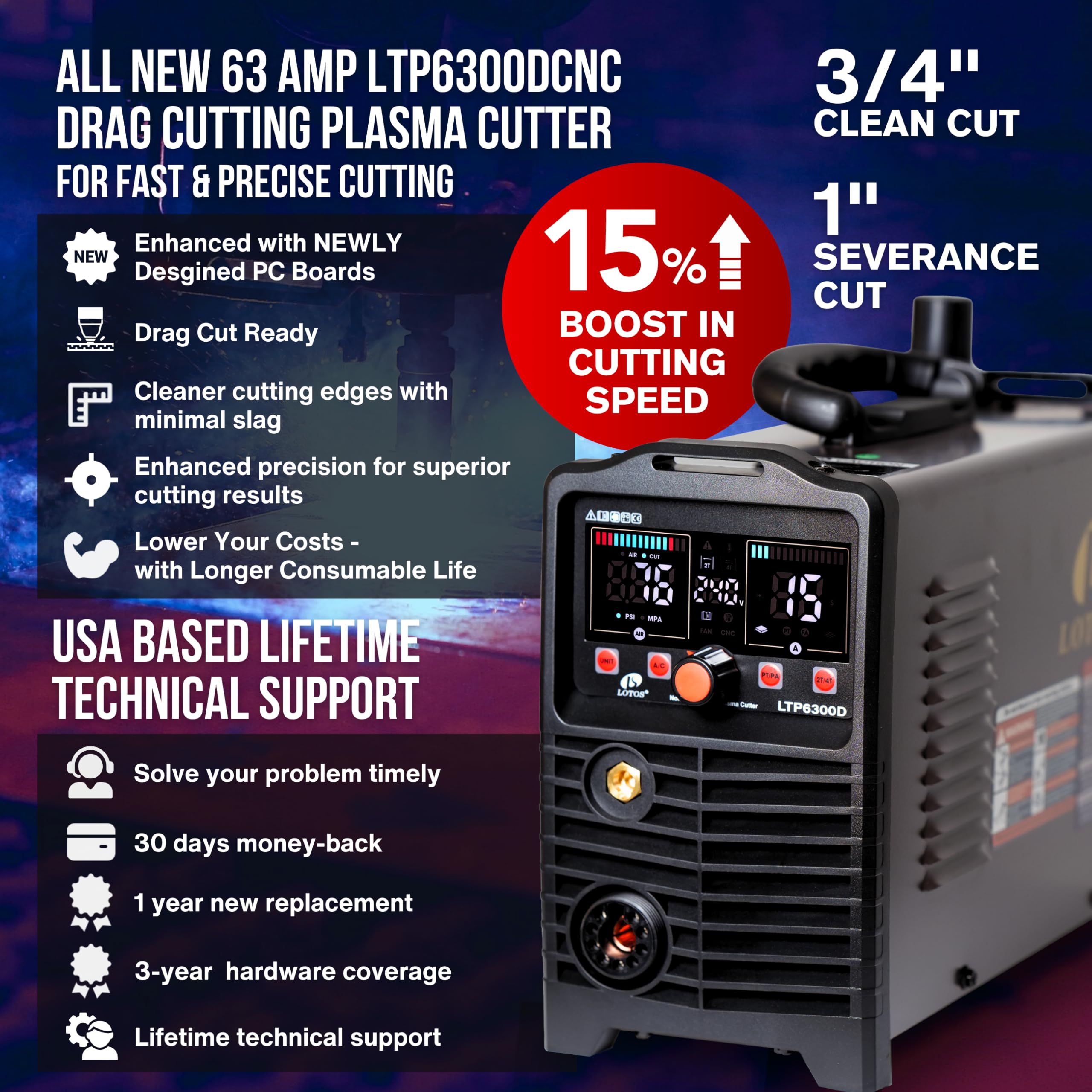 LTP6300DCNC | Cortador de plasma habilitado para CNC 63A, permite el corte de arrastre, arco piloto de retroceso sin HF, limpieza de 3/4 pulgadas (1 pulgada de separación), THC/ARC OK