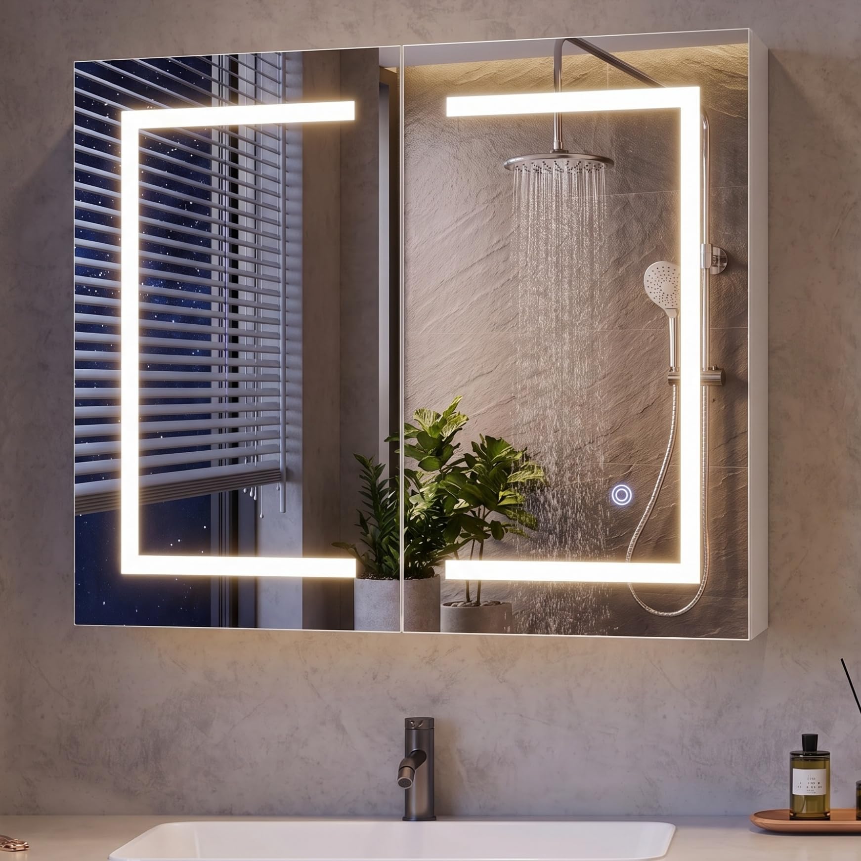 Szafka łazienkowa z lustrem z oświetleniem LED, 50 x 14 x 70 cm, łazienkowa szafka z lustrem z 3 kolorami światła, możliwość ściemniania, 1 drzwi, szafka wisząca ze szklaną półką i funkcją