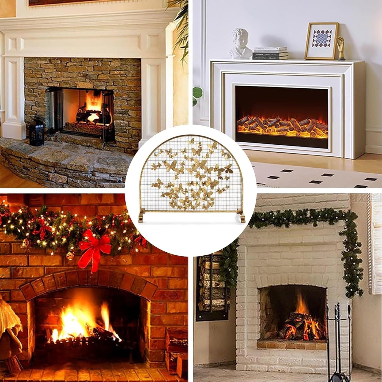 JKGHK 3D Butterfly Design Fireplace Screen Mantle, Fire Guard Arched Fire Screen Spark Guard with Metal Mesh, Cover Fence Fire Place Standing Gate, for Hearth/Log Burner(Gold,31.4in/80cm)