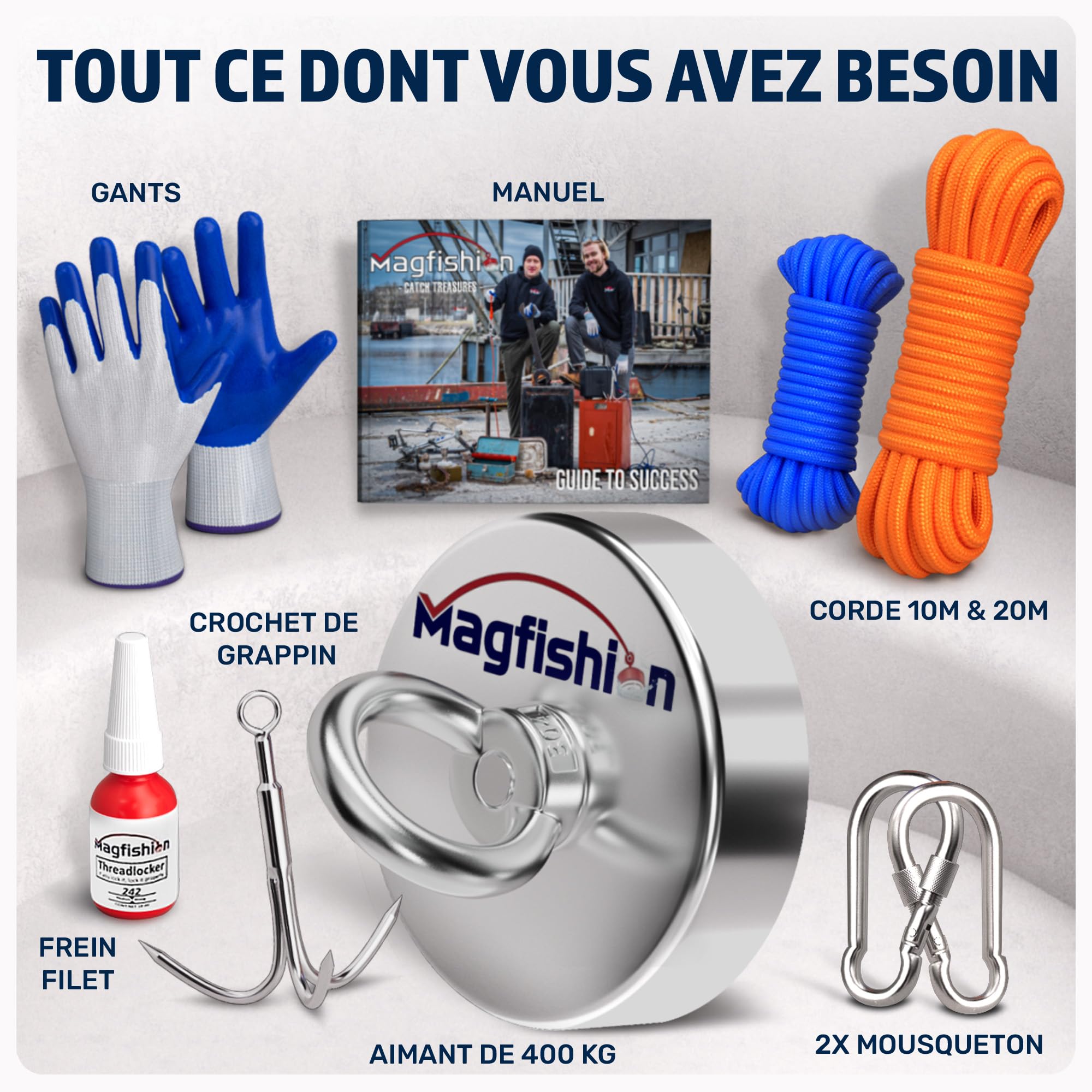 MAGFISHION Aimant Neodyme Puissant - 400 KG - Aimant de Pêche - Ø90mm - Peche a l'aimant avec 2 Cordes, Triple Crochet et Gants - Kit de Pêche Super Magnétique