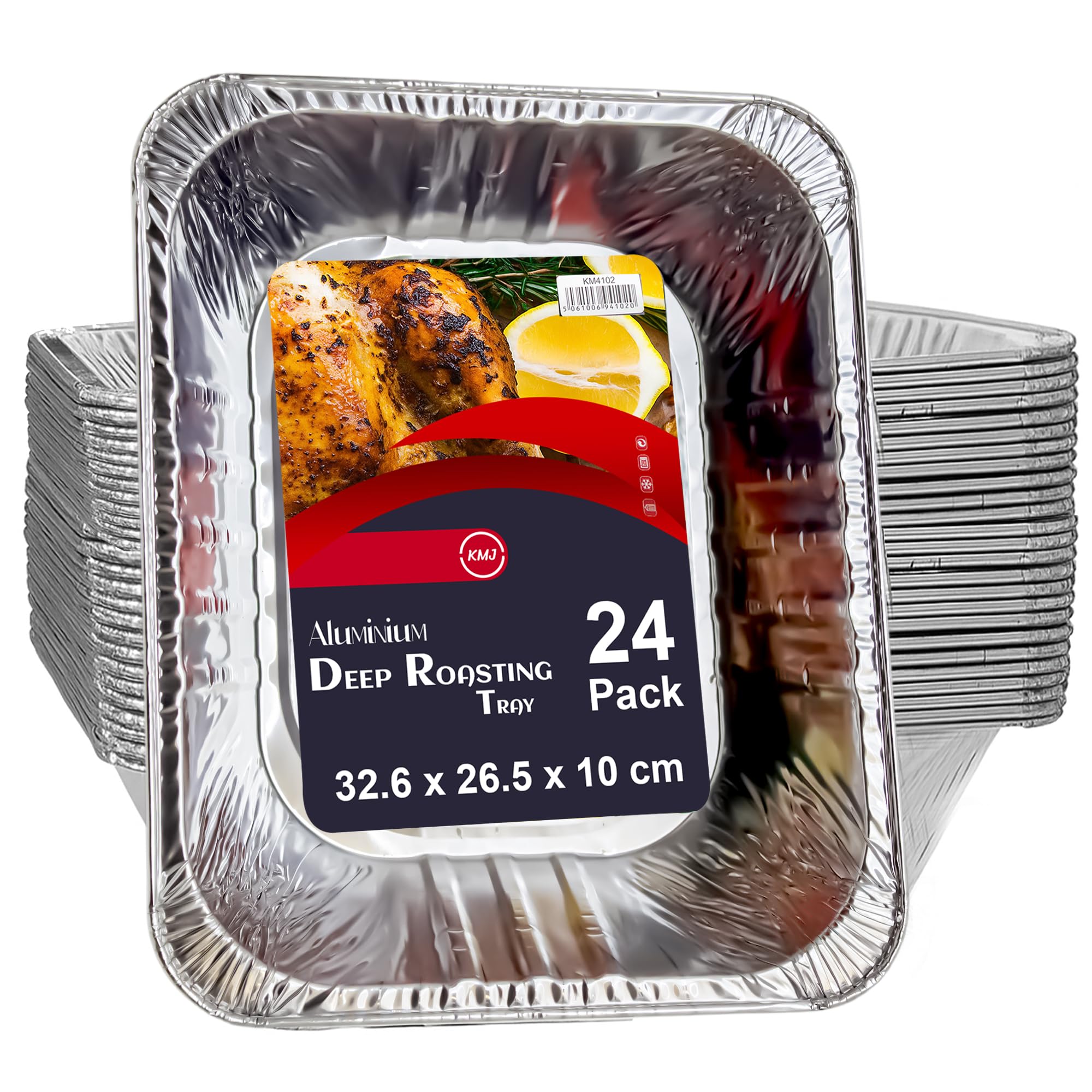 KMJ 24 Pack Large Heavy Duty Foil Trays (Size 33x27x10 cm) | Premium Aluminium Foil Tray |Heavy-Duty Tin Foil Trays |Oven-Safe Traybake Tin |Large Foil Tray for Baking,Roasting & Catering |Recyclable