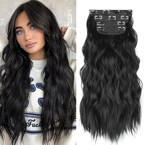 Vigorous Extensiones de cabello sintético con pinzas, 4 unidades, extensiones de cabello sintético largo ondulado con mezcla de rubio negro para