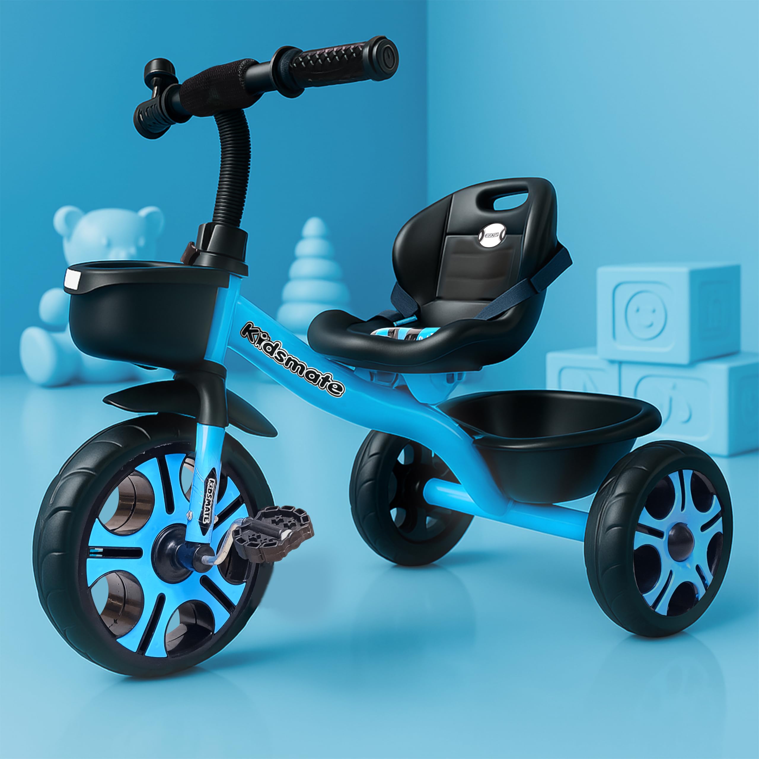 Kidsmate Ninja Plug N Play Durable Kids/Baby Tricycle, Storage Basket, Cushion Seat and Seat Belt for 12 Months to 48 Months Boys/Girls/Carrying Capacity Upto 30 Kgs (Blue)