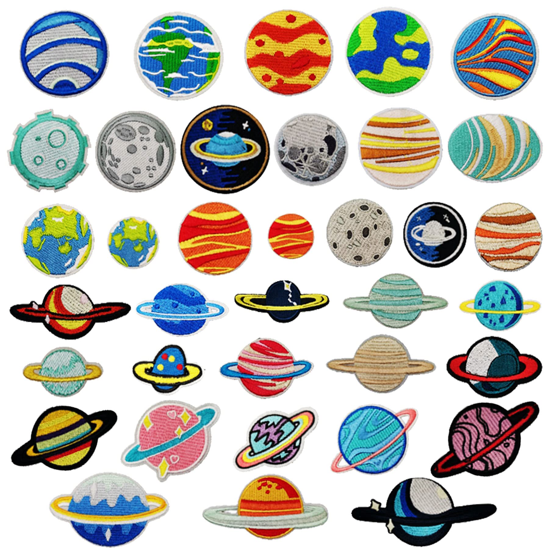 Woohome 36 PCS Iron on Patches Solar System Appliques Stickers, Mixed Spacecraft Planet Embroidered Decorative Patches Applique Kit for Cloth Backpacks Jeans Coats