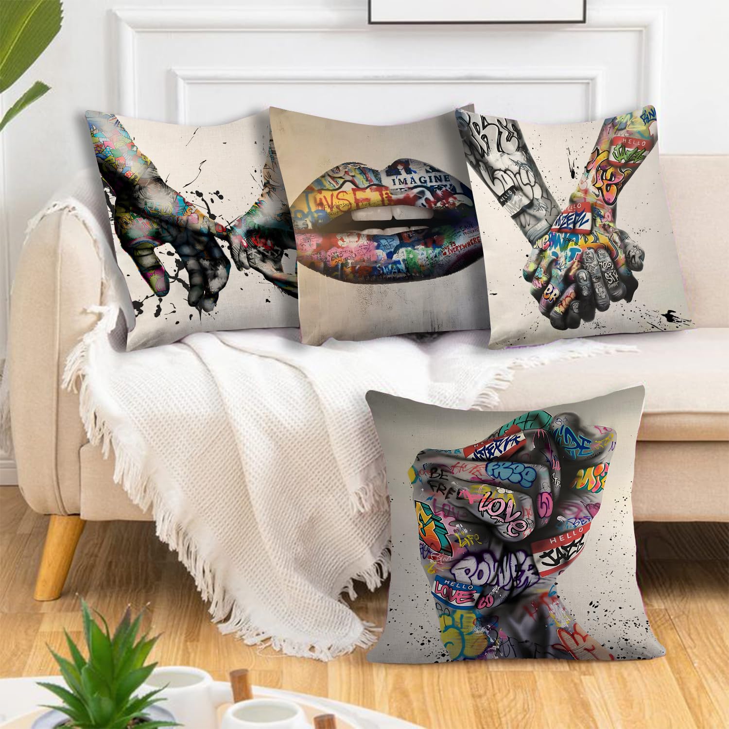 Banksy Decorative Graffiti Cushion Covers 45 x 45cm Funky Home Decor Aesthetic Velvet Throw Pillow Covers for Sofa Bed Living Room Abstract Pillowcase 4 Pieces Cushion Cases for Furniture Patio Decor - Image 3