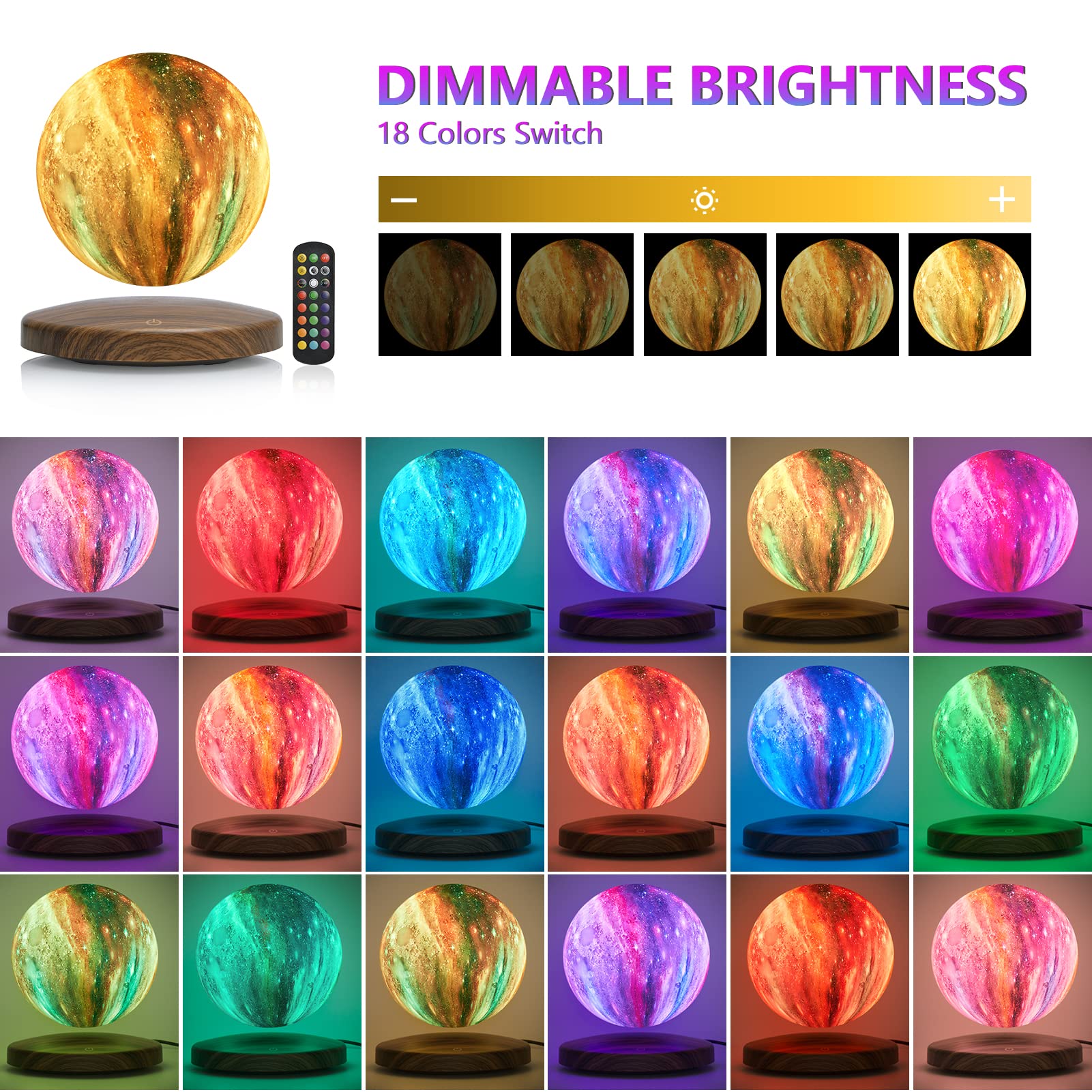 GROPINFLY Levitating Moon Lamp, 18 Colors Galaxy Lamp with Touch Remote Control, Floating and Spinning in Air Freely, for Room Office Decor Creative Gift