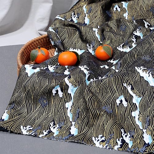 Miniatura 4 de PH PandaHall 1Yard Sea Wave Fabric 60.6Inch Wide Japanese Wave Fabric Cotton Coffee Upholstery Fabrics Retro Printed Sewing Fabrics for DIY Crafts
