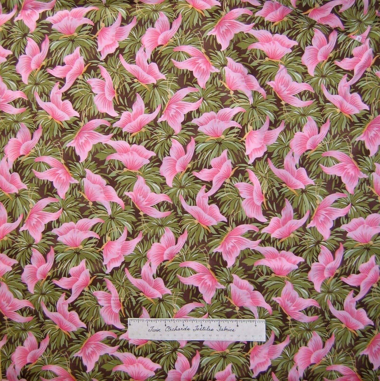 Quality Fabric Calico Fabric Pink Butterfly on Green, Brown Cotton by The Yard