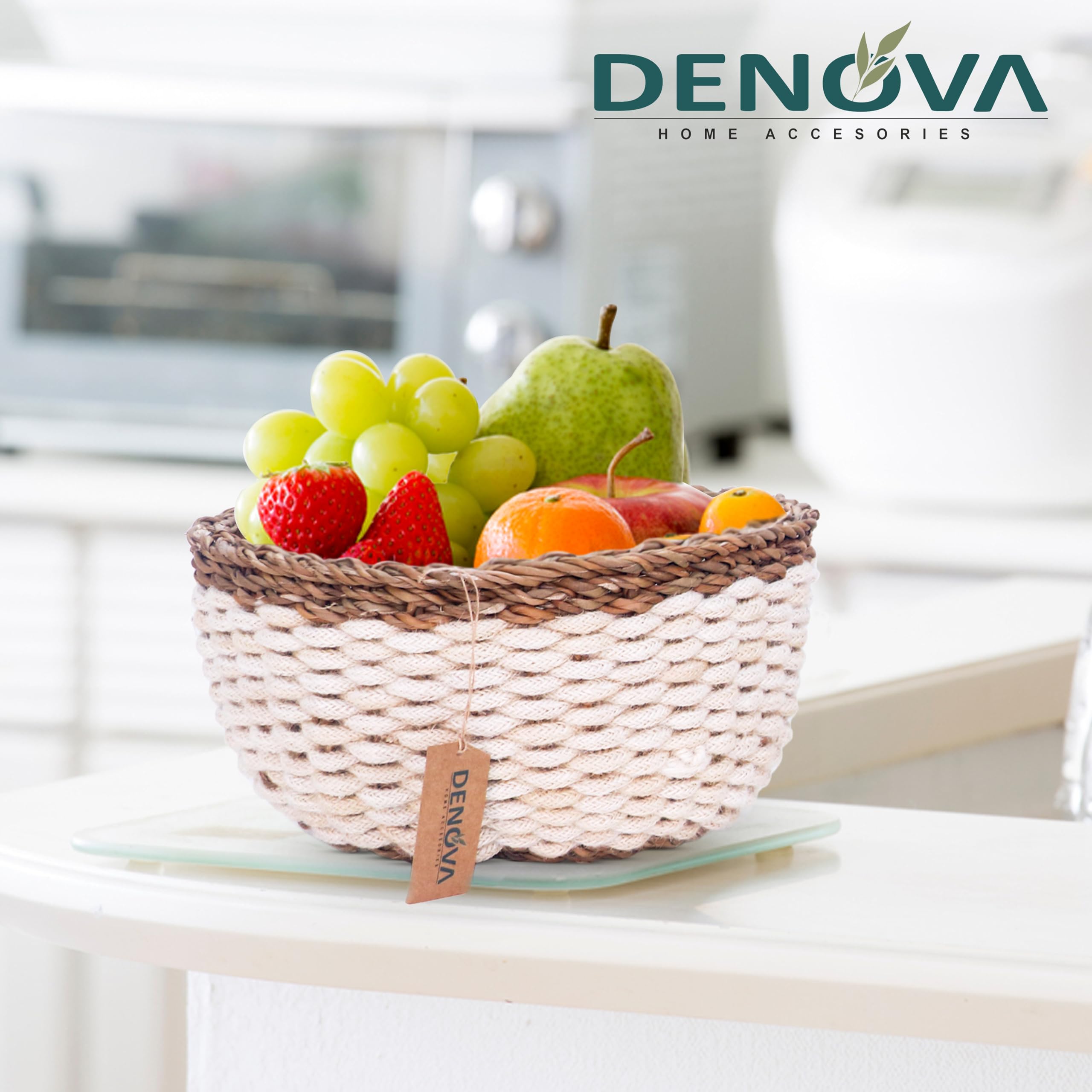 DENOVA Basket Cotton and Seagrass, Round, Storage & multipurpose basket, Home and Kitchen White and Natural, Set of 3 1