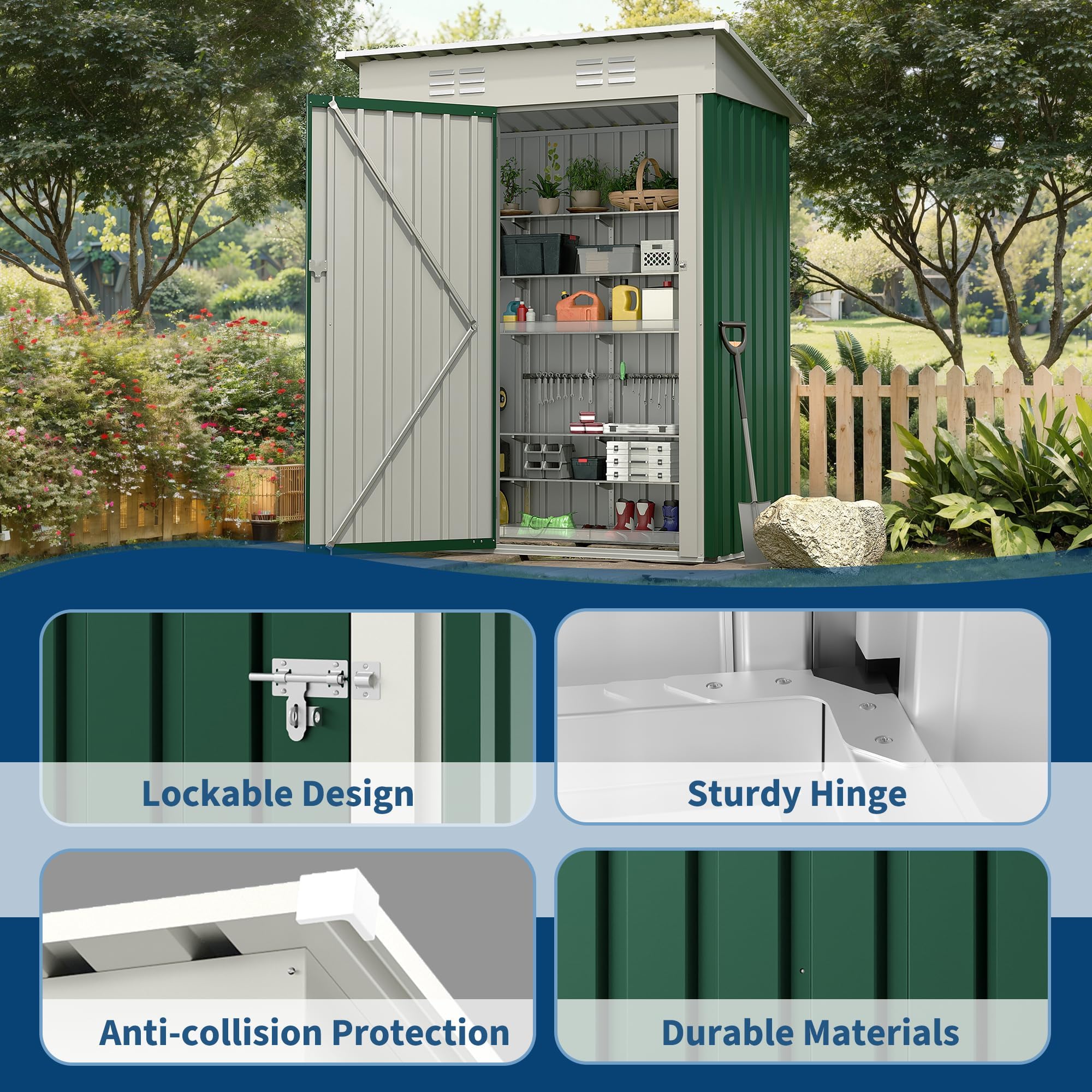 5×3 ft Outdoor Storage Shed, 67 CU.ft Metal Tool Shed with Sloping Roof and Lockable Door, Compact Garden Shed for Backyard, Patio and Lawn Organization, Green - 2