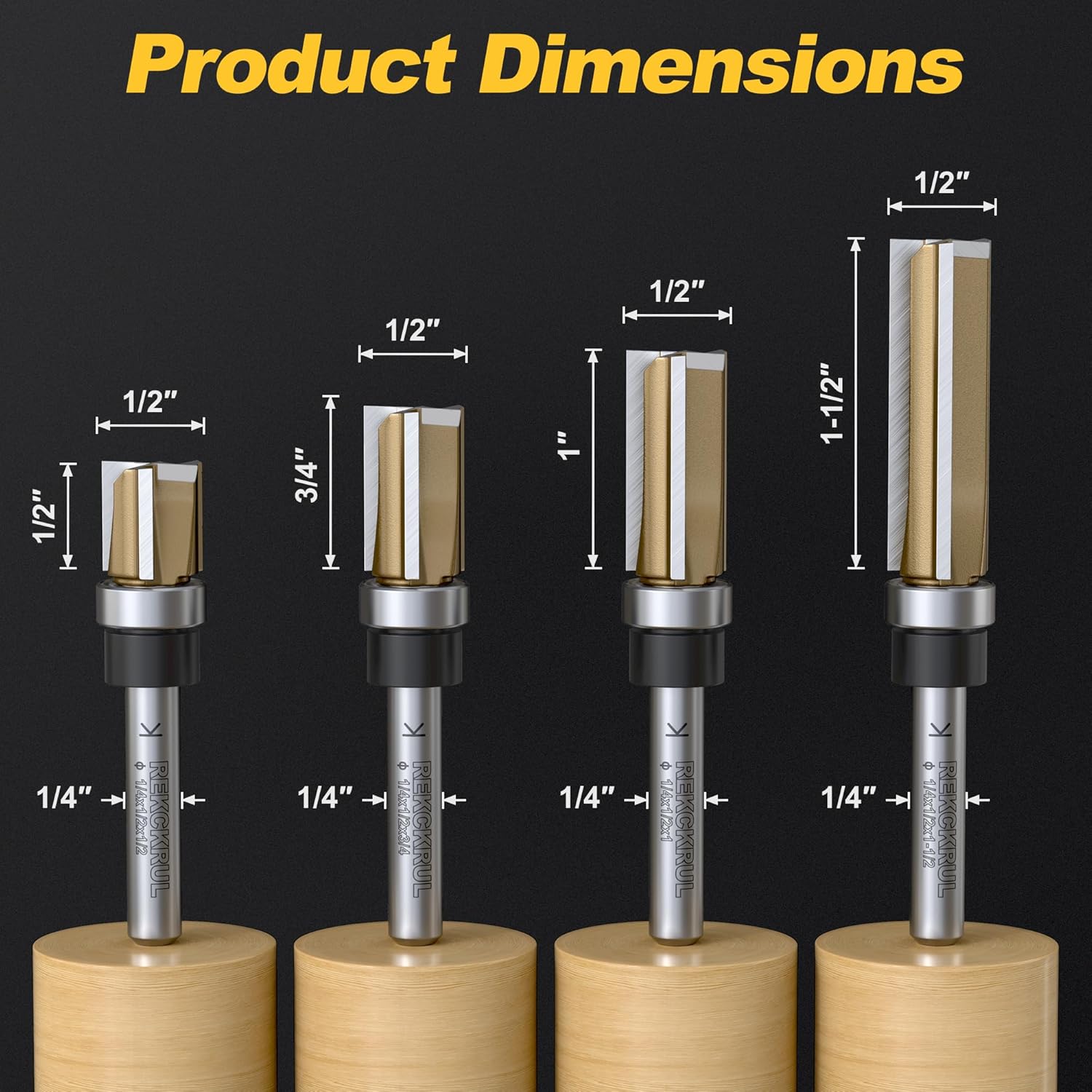 Professional Pattern Flush Trim Router Bits Set, 1/4" Shank Bottom Bearing, 3-Blade Carbide Tipped Woodworking Router Bits for Precision Edge Trimming, Cutting Length: 1/2", 3/4", 1", 1-1/2"