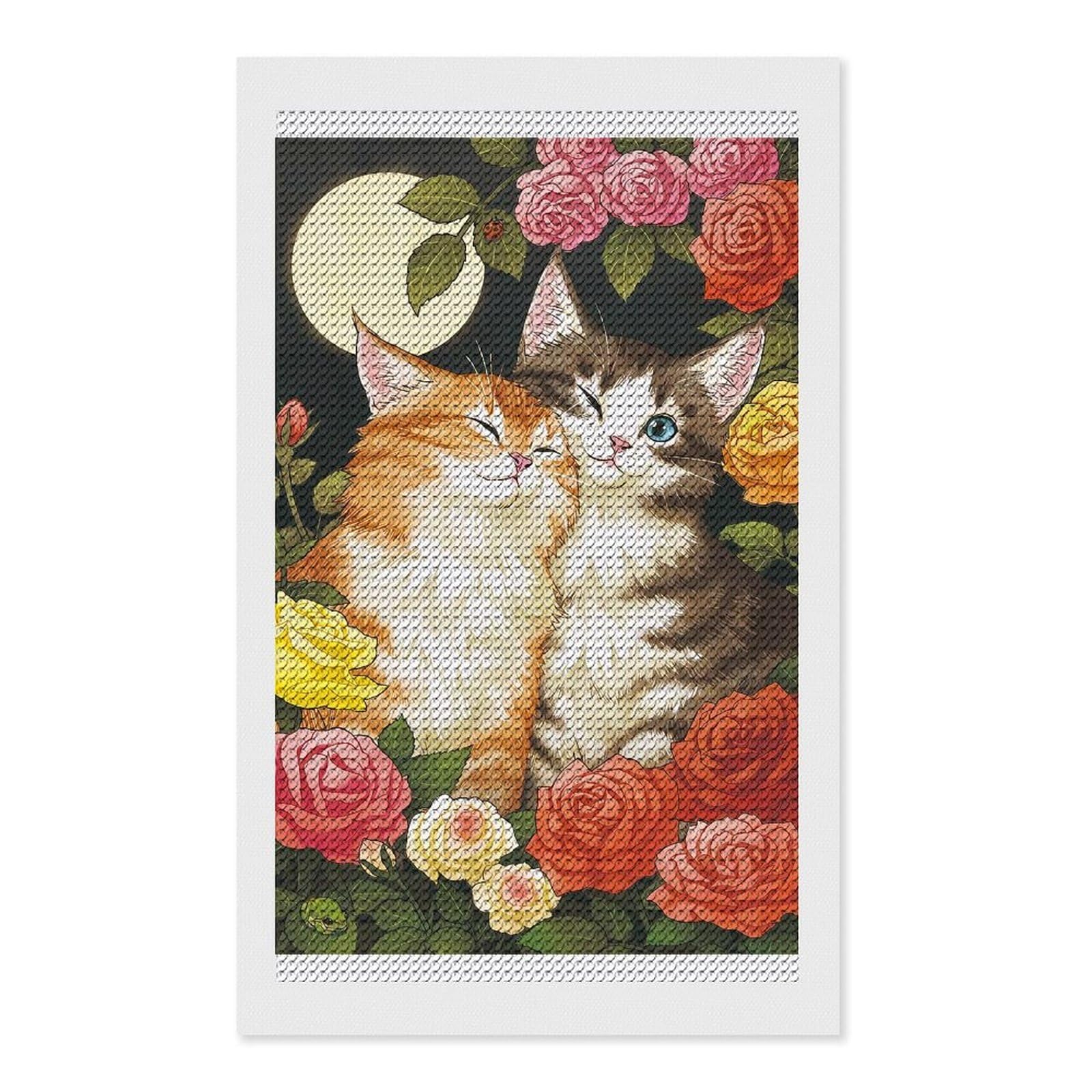 Junmoney Cats in Love with Roses Diamond Painting Canvas Kit 12"x20", Adhesive Canvas, Christmas Gift, Full Kit Included, Thoughtful Present