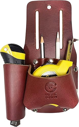 RUSTIC TOWN Soporte de cinta métrica de cuero para cinturón de herramientas, funda retro para cuchillos de bolsillo, organizador de bolsa de