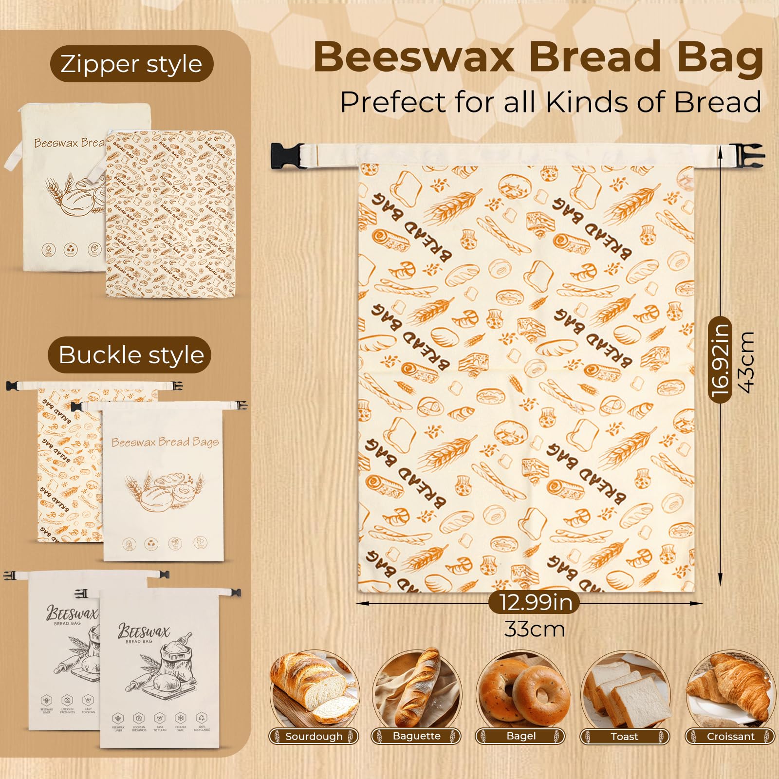 2 pezzi Sacchetto pane cera d'api,43×33 cm Tela cerata per pane,Sacchetti cera d'api per alimenti,con chiusura con fibbia/cerniera,per lievito madre e prodotti da forno (Zip A)