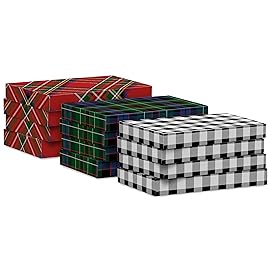 Hallmark Medium Christmas Gift Boxes with Lids (12 Shirt Boxes, 3 Designs: Blue, Green, Red Plaid, Black Buffalo Check) for Christmas, Hanukkah, Birthdays, Father\'s Day