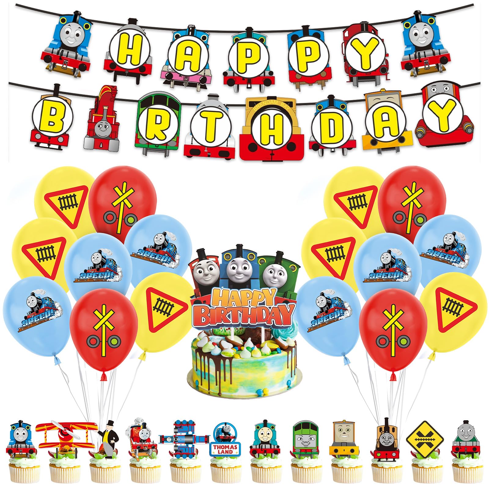 32Pcs Train Birthday Decorations, Cartoon Party Decorations Happy Birthday Banner Latex Balloon Cake Topper Decoration Cartoon Theme Party Supplies for Kids Boys Girls