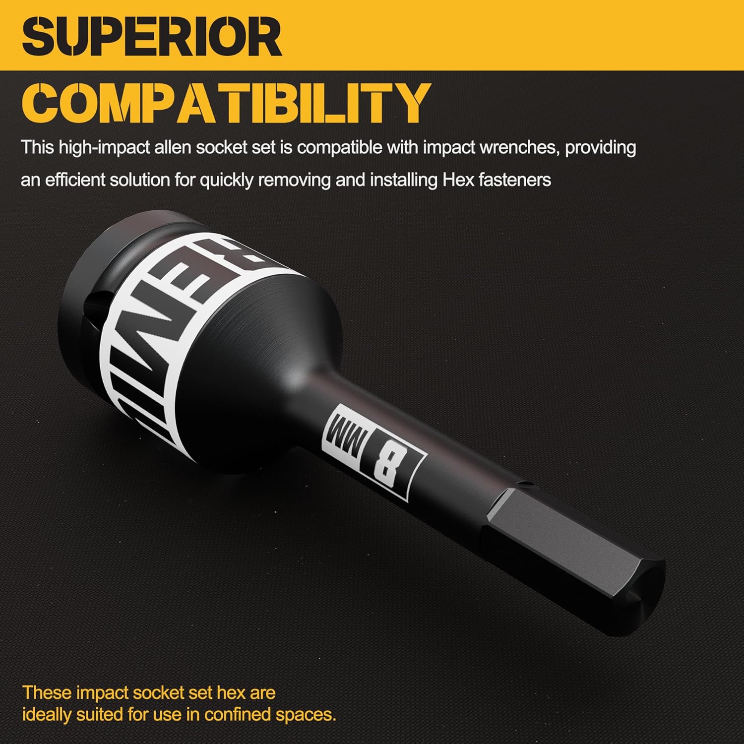 8mm Hex Impact Bit Socket, 1/2" Drive Impact Allen Bit Socket, Cr-Mo Steel Use with Impact Drivers or Hand Ratchets