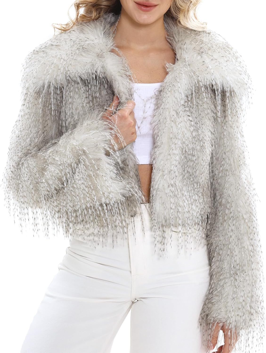 Amazhiyu Women's Long Faux Fur Coat Open Front Winter Cropped Cardigan Jackets
