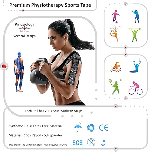 Vista 66 de Cinta de kinesiología precortada con dispensador – Cinta muscular deportiva vertical latina – Sintético Negro 16.4 ft 20 tiras – Cinta de Latina