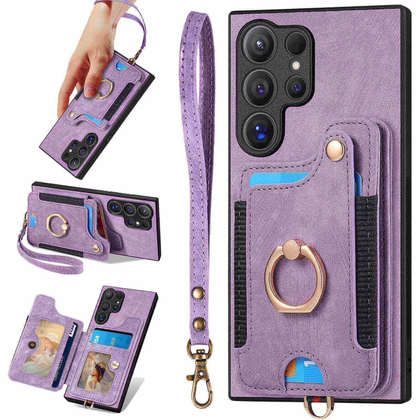 S24 Ultra Case,Card Holder Wallet for Samsung S24 Ultra Case,Ring Stand,RFID-Blocking,Wrist Strap,Camera Lens Protector,Leather Magnetic Protective Flip Cover for Galaxy S24 Ultra 2024 (Purple)