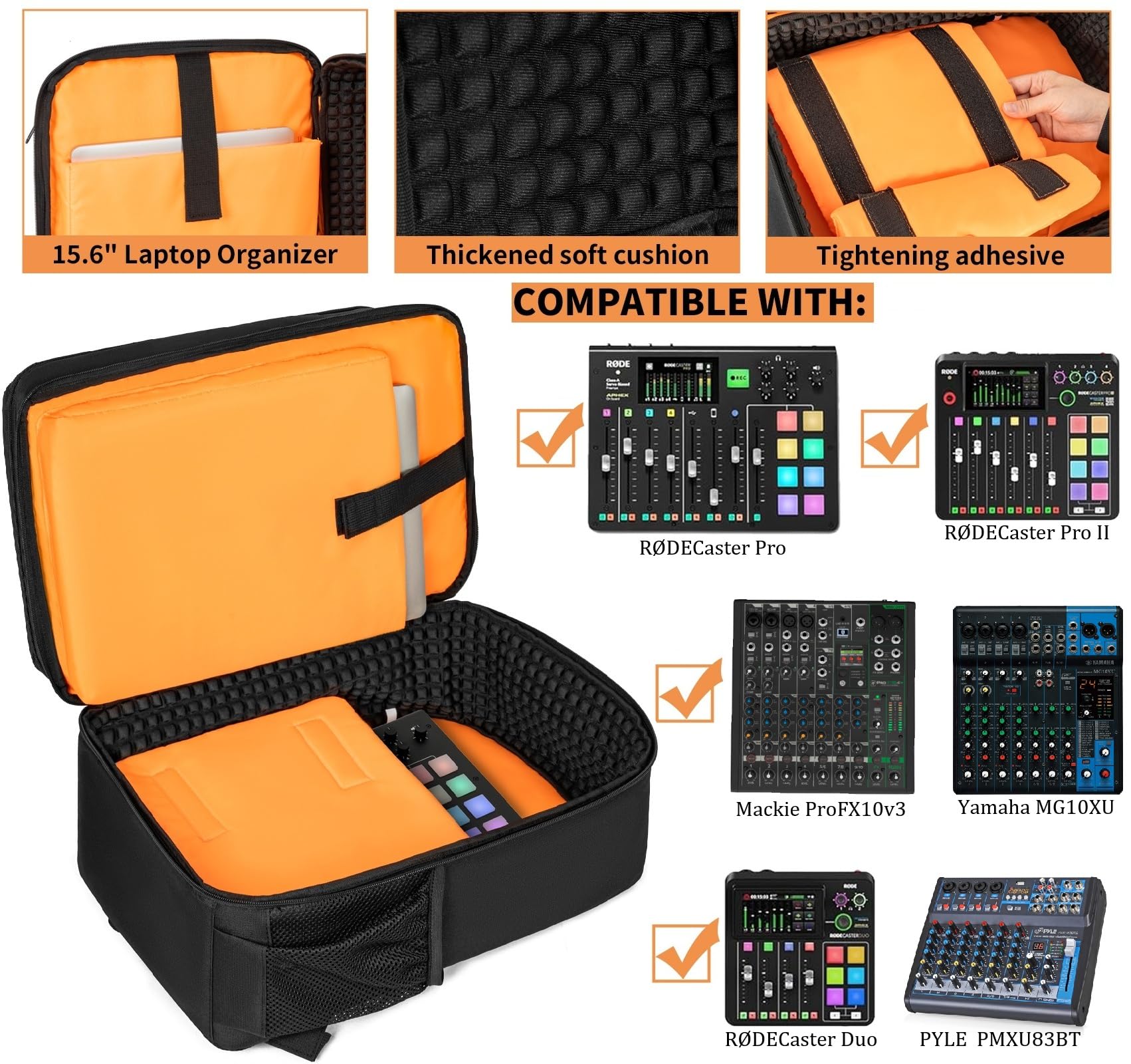 GMAK Mochila mezcladora de audio compatible con RODECaster Pro, RODECaster Pro II, RC Duo, DJ Mixer bolsa de viaje con un montón de bolsillos, bolsa protectora para mezcladores de audio para cables,