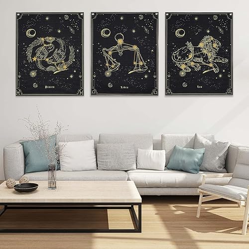 Miniatura 2 de Pocass Tapiz de Constelación de Piscis para colgar en la pared, tapiz de cartas del tarot del zodiaco negro y dorado, tapices de pared con ojales de
