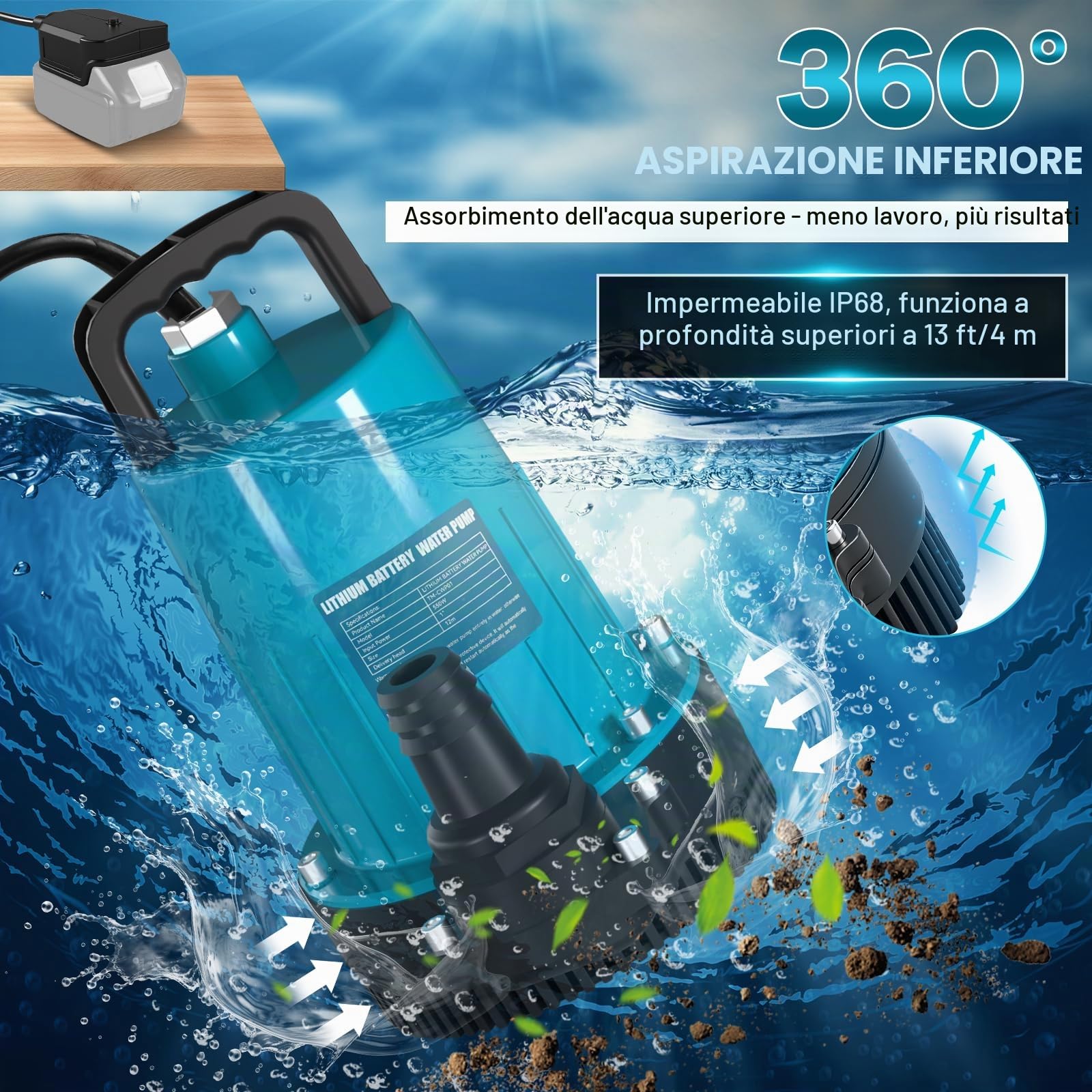 Pompa sommergibile a batteria, 21 V, 2000 mAh, pompa sommergibile con coperchio di sicurezza, tubo da 10 m, per piscina, letti d'acqua, pompa per acque reflue, copertura piscina