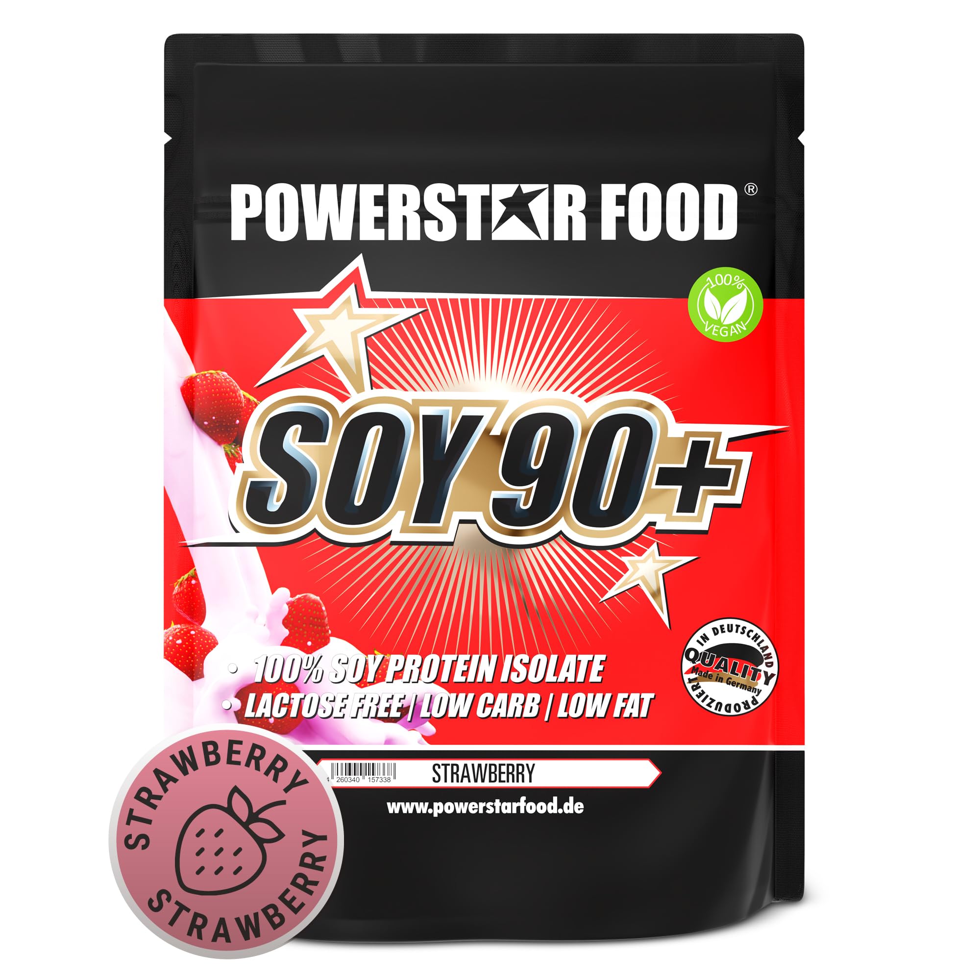Powerstar SOY 90+ | 1kg Isolat de Protéine de Soja | Fabriqué en Allemagne | Alternative végétalienne à la Whey Protein Powder | Sans OGM | Poudre de Protéine Végétale sans Lactose | Fraise
