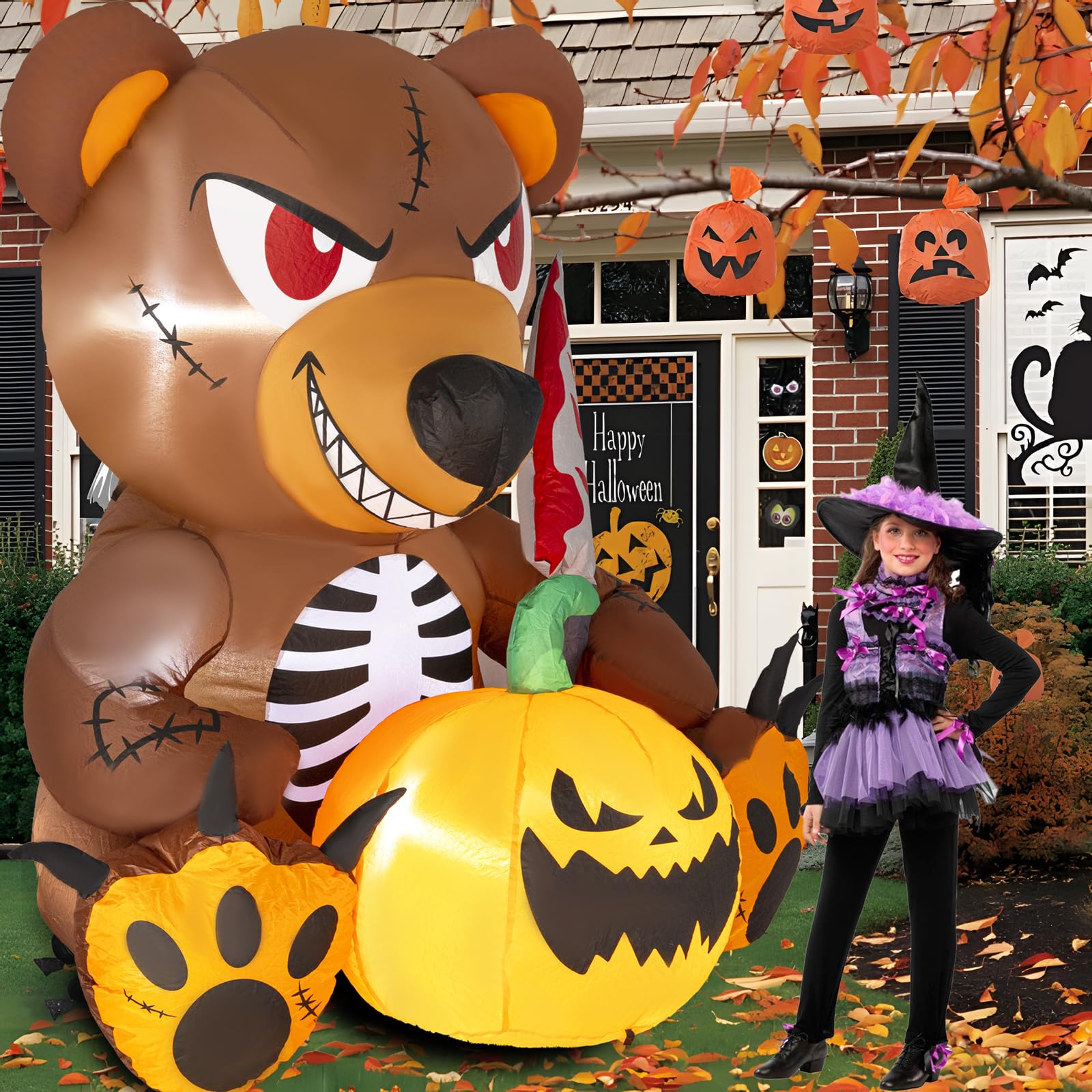 Hioasis4.5FT Halloween Inflatables Outdoor Decorations - Halloween Blow up Yard Decorations Scary Bear with Pumpkin, Build-in LEDs for Holiday Inflatables for Indoor Outdoor Yard Garden Lawn Decor