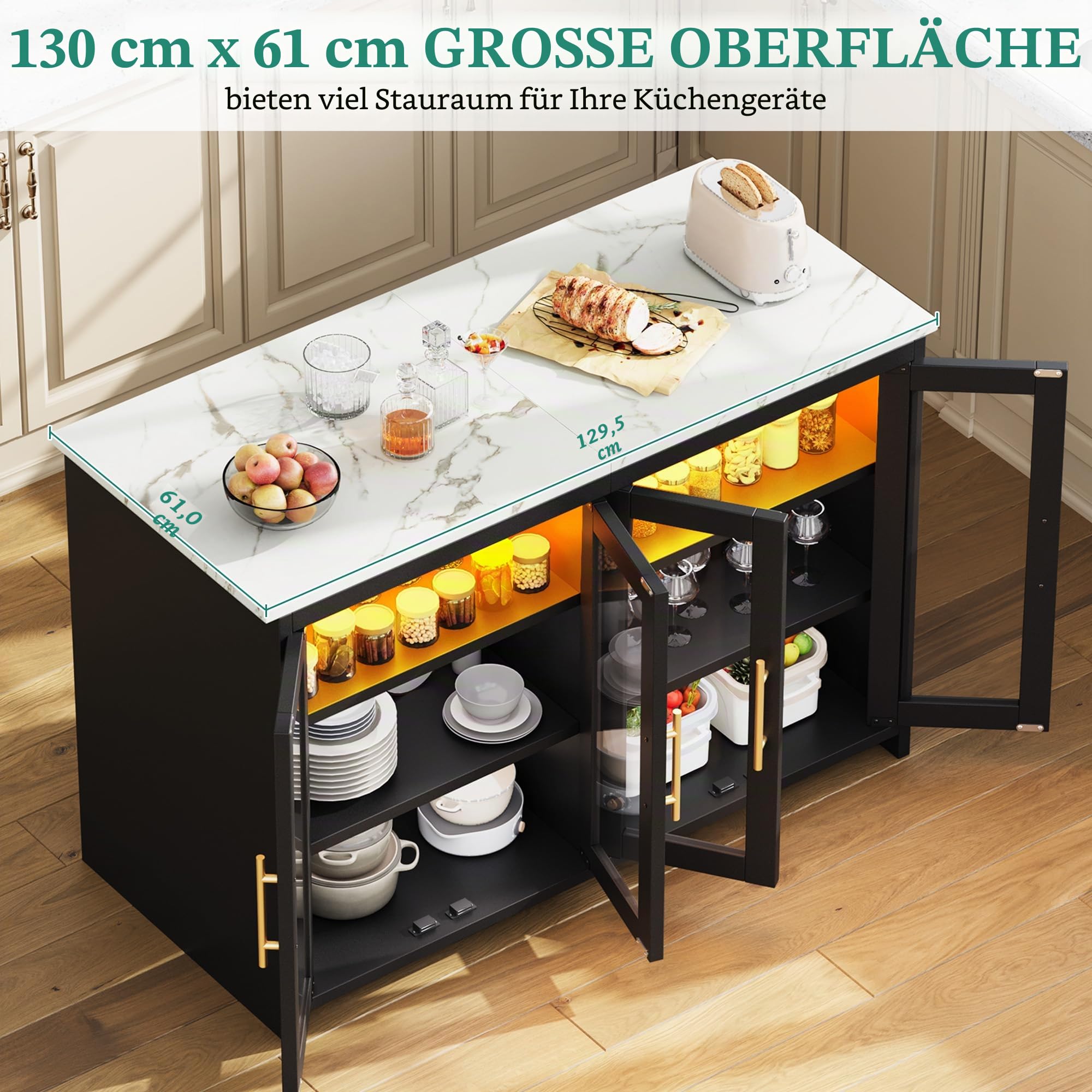 YITAHOME kücheninsel mit arbeitsplatte, Steckdose und LED-Beleuchtung, Frühstückstisch mit Sitzgelegenheit, Doppelschrank mit Acryl-Fronten, dreistufiger Verstellbarer Schrank, Marmoroptik