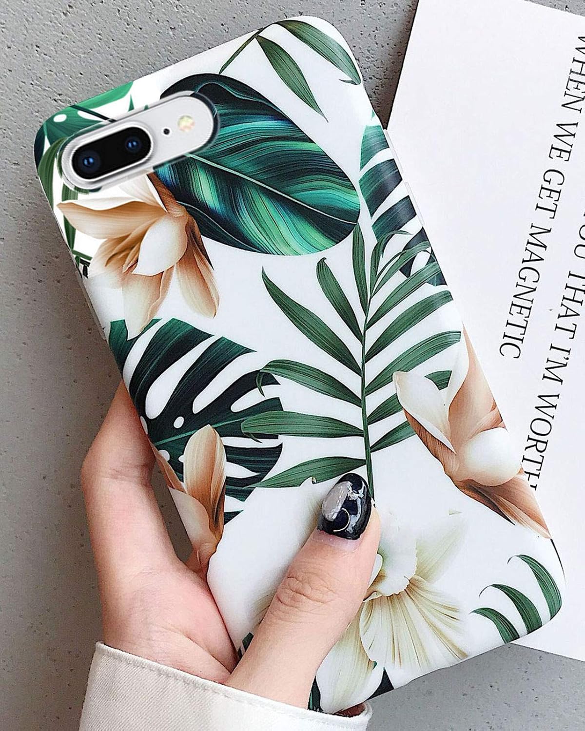 J.west iPhone 8 Plus Case, iPhone 7 Plus Case, Summer Flower Design Palm Leaves Slim Flexible TPU Glossy Soft Rubber Silicone Protective Phone Case for iPhone 7 Plus/8 Plus (Leaf)