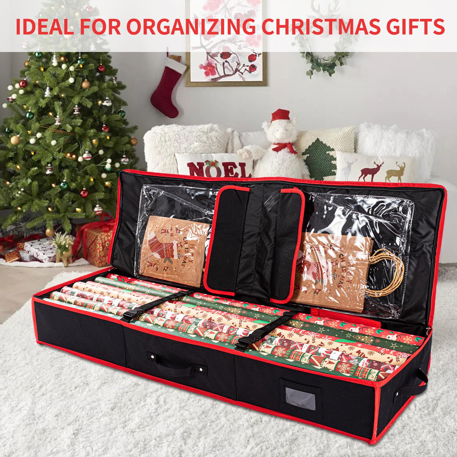 Geschenkpapier Aufbewahrungstasche Organizer,Faltbare Geschenkpapier Tasche,600D Oxford Gewebe Geschenkpapierrollen Aufbewahrung,Schrank Tasche Schutzbezug (Schwarz, 101x36x14cm)