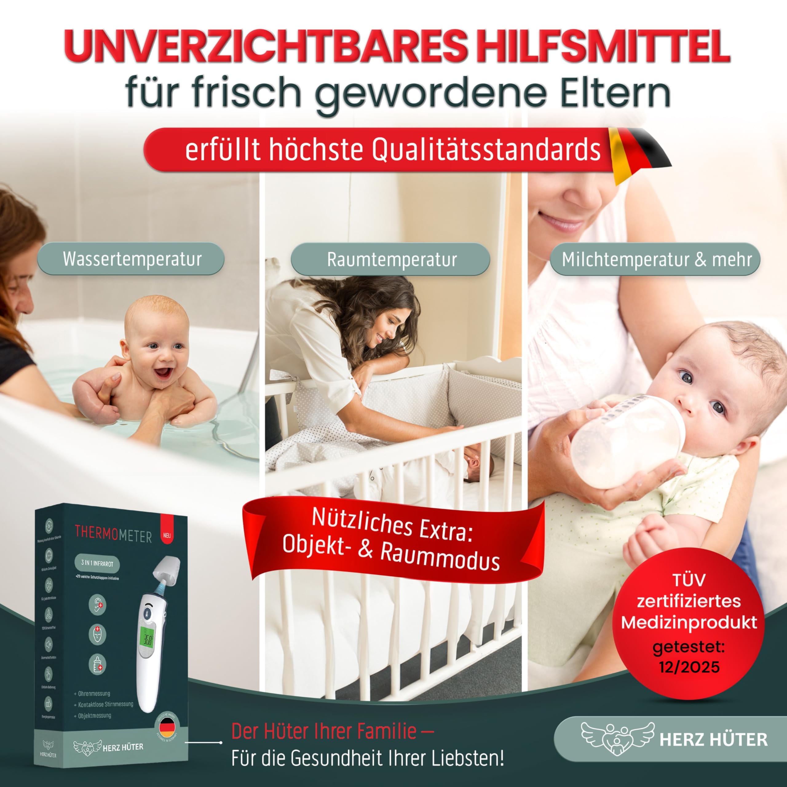 Fieberthermometer Ohr & Stirn, 3 in 1 Thermometer Ohrthermometer Baby Kinder & Erwachsene Stirnthermometer kontaktlos Digitales Fieber-Thermometer Infrarot-Messgerät, TÜV-zertifiziertes Medizinprodukt